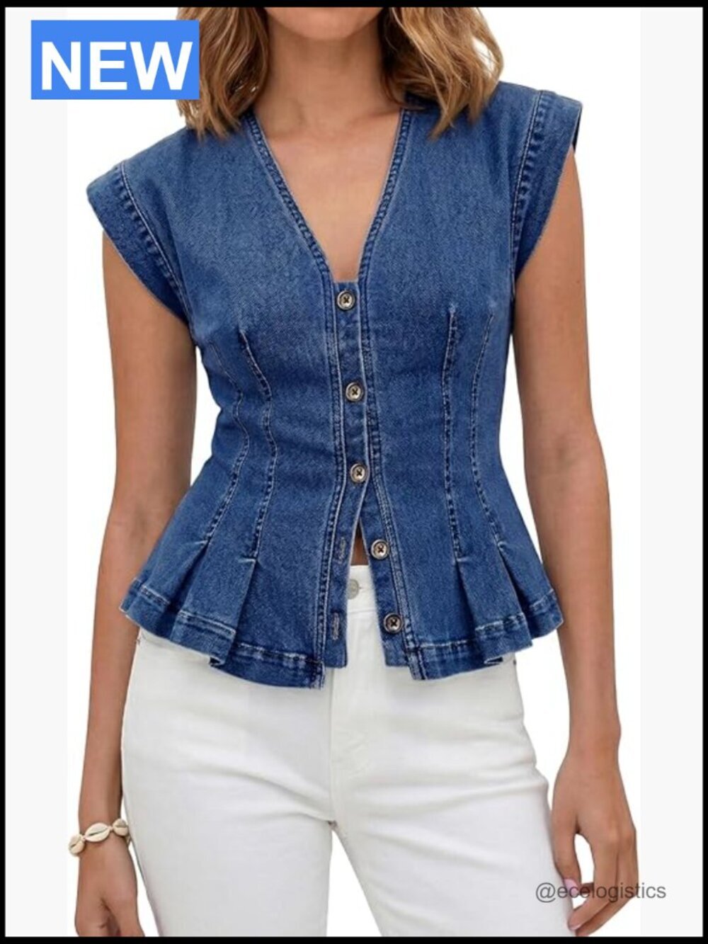 Womens V Neck Denim Vest Top - Y2K Casual Sleeveless Jean Top - Fitted Pleated